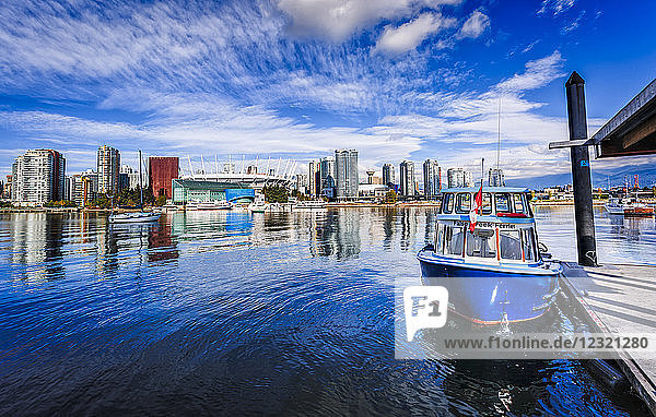 View of False Creek Ferry  Vancouver skyline  BC Place and Lookout Tower Vancouver  British Columbia  Canada  North America