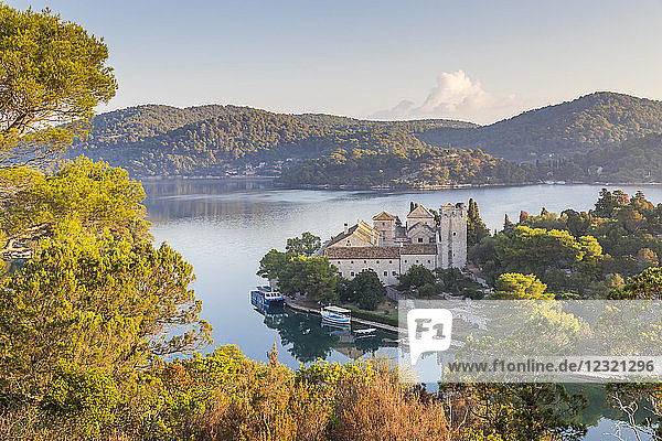 Elevated view over Veliko Jezero (Big Lake) and the monastery on Saint Mary Island inside Mljet National Park  Croatia  Europe