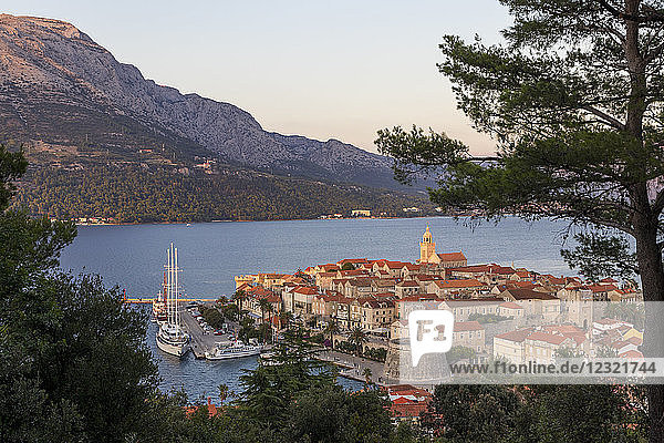 View from a lookout over the old town of Korcula  Croatia  Europe
