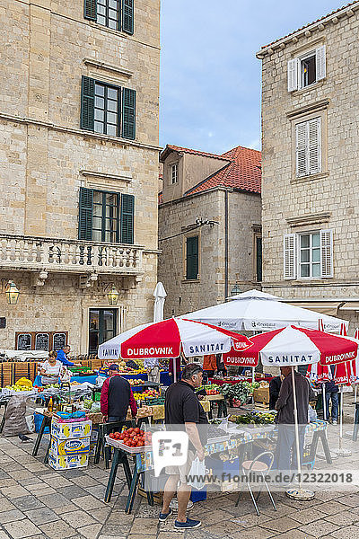 Local market in a small square in the old town of Dubrovnik  Croatia  Europe