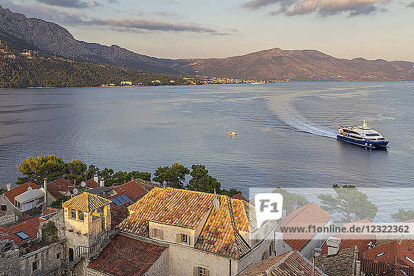 View from the bell tower of the cathedral inside the old town of Korcula over the bay  Korcula  Croatia  Europe