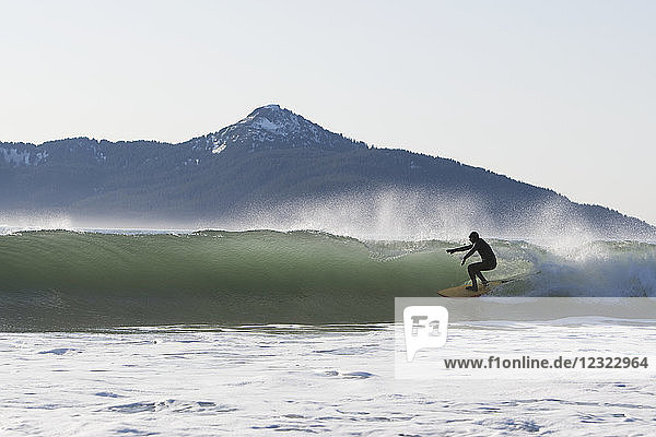 Surfer riding a wave along the Kenai Peninsula Outer Coast  South-central Alaska; Alaska  United States of America