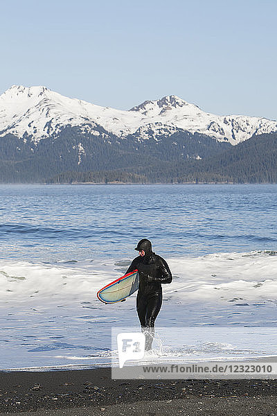 Surfer walking in the water on the Kenai Peninsula Outer Coast  South-central Alaska; Alaska  United States of America