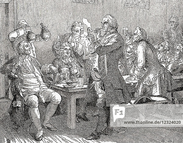 The tobacco club or Tabagie of Frederick William I. A tabagie is a room designated for smoking tobacco and socializing. Frederick William I of Prussia 1688 – 1740 aka Soldier King. King in Prussia and Elector of Brandenburg. From Ward and Lock's Illustrated History of the World published c.1882.