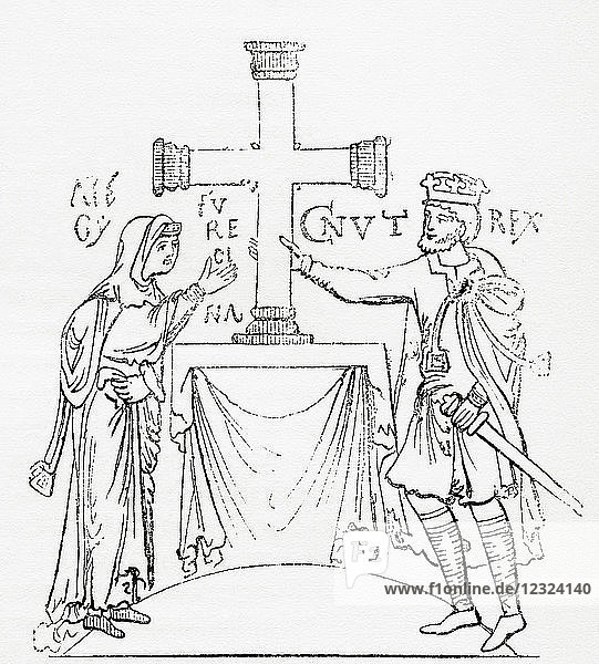 Cnut the Great and his queen Ælfgifu of Northampton. Cnut the Great  c. 995 - 1035  aka Canute. King of Denmark  England and Norway. Ælfgifu of Northampton c. 990 – after 1036. First wife of King Cnut of England and Denmark  mother of King Harold I of England and Queen regent of Norway from 1030 to 1035. From Old England: A Pictorial Museum  published 1847.