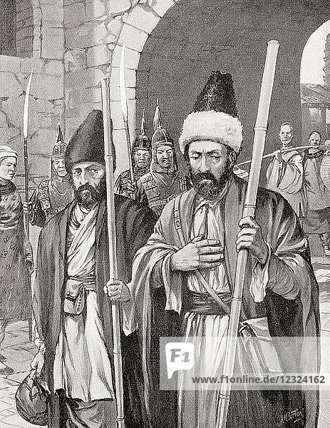 Two monks with the support of the Byzantine emperor Justinian I successfully smuggle silkworms into Constantinople by hiding them in bamboo staves 6th century AD. From Hutchinson's History of the Nations published 1915.