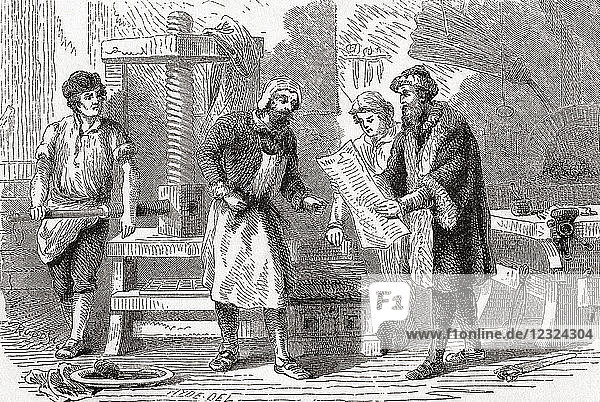 Gutenburg printing the first page of the Bible 1439. Johannes Gensfleisch zur Laden zum Gutenberg c. 1398 –1468. German blacksmith goldsmith printer and publisher who introduced printing to Europe. From Ward and Lock's Illustrated History of the World published c.1882.