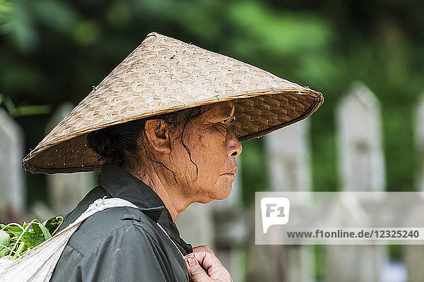Porträt des Profils einer älteren Frau  die einen geflochtenen konischen Hut trägt  Elephant Village; Luang Prabang  Laos