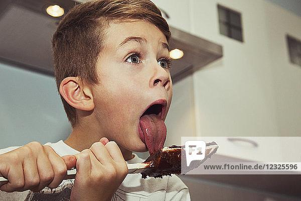 Ein Junge leckt nach der Herstellung von Fudge die Schokolade vom Spatel ab; Langley  British Columbia  Kanada