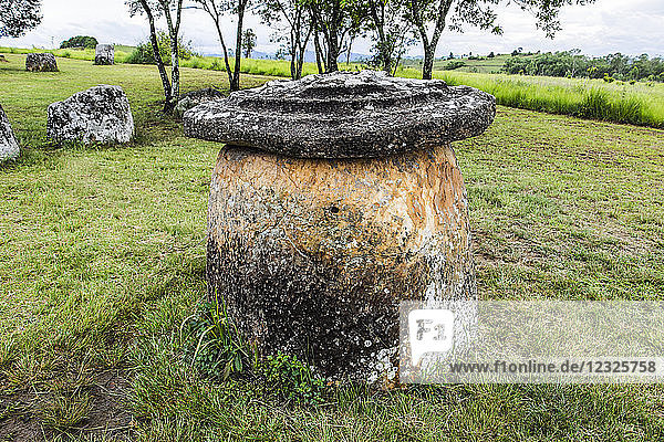 Megalithisches Steingefäß mit Deckel an Fundort 1  Ebene der Krüge; Xiangkhouang  Laos