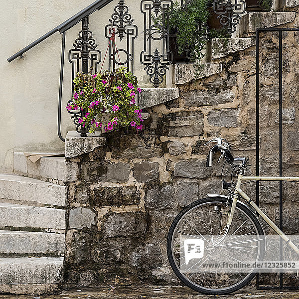 Ein an einer Steinmauer abgestelltes Fahrrad mit einer Treppe  die nach oben führt  und Pflanzen  die das Geländer schmücken; Budva  Opstina Budva  Montenegro