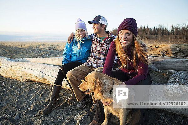Ein junges Paar und ein Freund mit einem Hund sitzen auf einem Stück Treibholz am Strand und blicken bei Sonnenuntergang auf den Ozean; Anchorage  Alaska  Vereinigte Staaten von Amerika