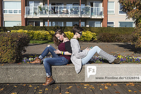 Zwei junge Frauen sitzen Rücken an Rücken und benutzen ihre Smartphones; New Westminster  British Columbia  Kanada