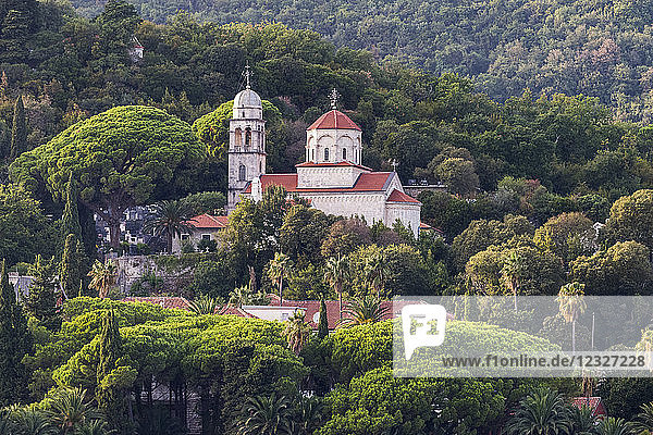 Eine Kirche und Gebäude auf einem von Bäumen umgebenen Hügel; Herceg Novi  Montenegro