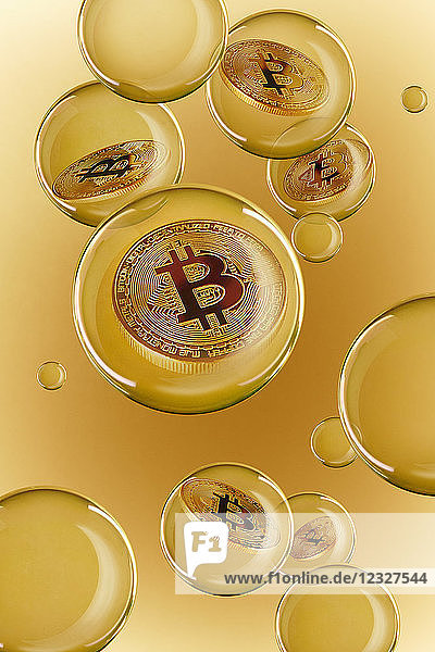 Bitcoins in golden bubbles