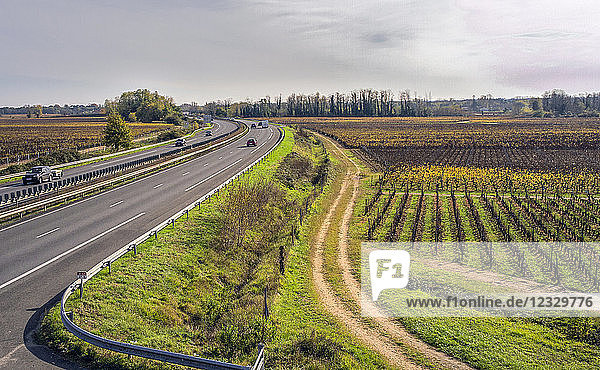 South West France PDO wine Sauternes vineyard motorway in the middle of the vineyards. Mandatory credit: PDO wine Sauternes vineyard