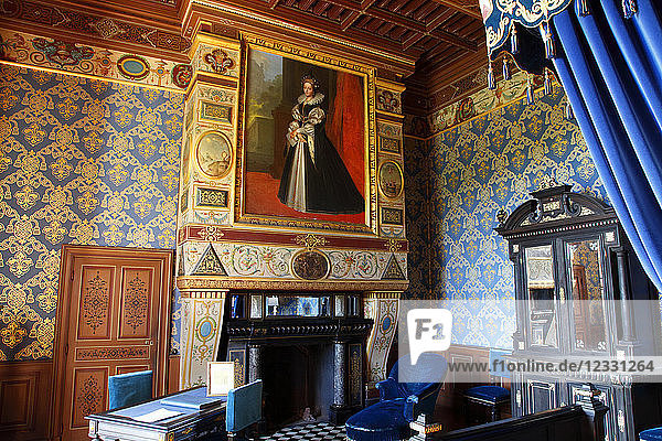 Frankreich  Bourgogne Franche Comte  Departement Yonne (89)  Ancy le Franc  Schloss Ancy le Franc  schwarz-blaues Schlafzimmer