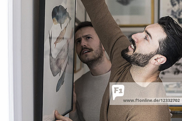 Young gay couple hanging painting on wall at home