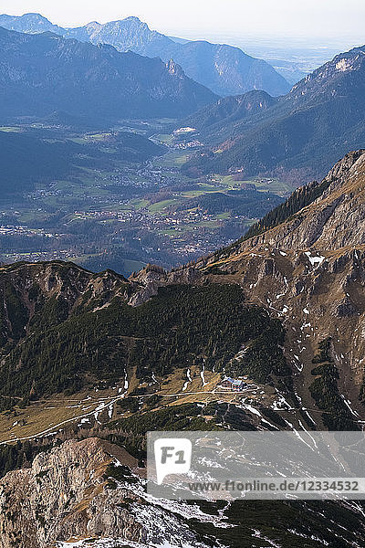 Germany  Bavaria  Berchtesgaden Alps  Schneibstein  View to valley and town