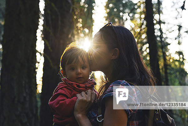 USA  California  Sequoia National Park  woman kissing her little daughter at sunset