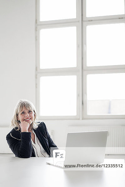Portrait of smiling mature businesswoman with laptop at desk in the office