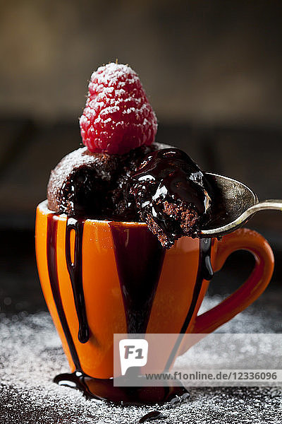Chocolate cup cake with icing sugar  chocolate sauce and raspberry