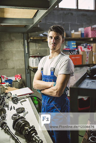 Portrait of confident mechanic in his workshop