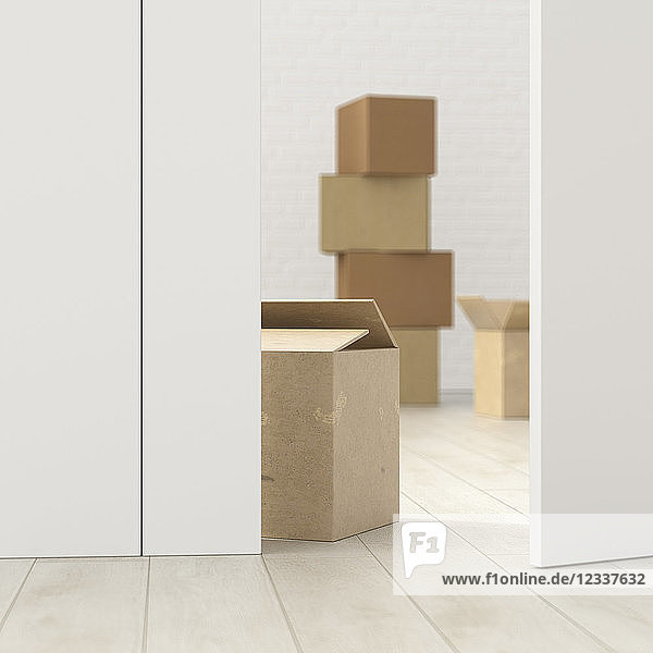 Cardboard boxes in a room behind ajar door  3d rendering