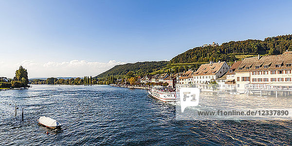Switzerland  Canton of Schaffhausen  Stein am Rhein  Rhine river  tourboat  Hohenklingen Castle