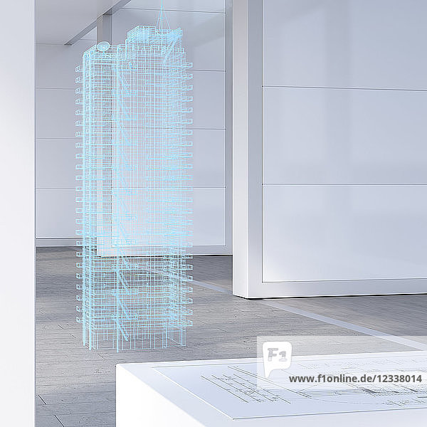 Model of a skyscraper with digital grid  3d rendering