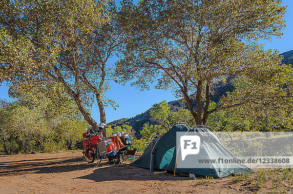Reisemotorrad und Zelt  Camping im Zion-Nationalpark  Utah  USA