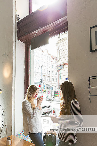 Junge Frauen unterhalten sich bei Kaffee im Café