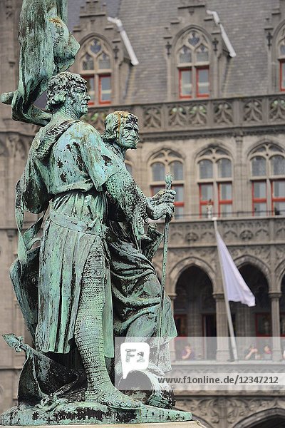Belgium  Bruges  World Heritage Site  Markt square  Statue of Jan Breydel and Pieter de Coninck  heroes of Flemish identity.