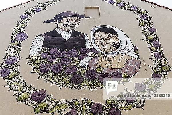 Medieval peasant couple in a wreath of flowers  mural by Italian street artist Pixel Pancho  The Crystal Ship Festival 2016  Ostend  West-Flanders  Belgium  Europe