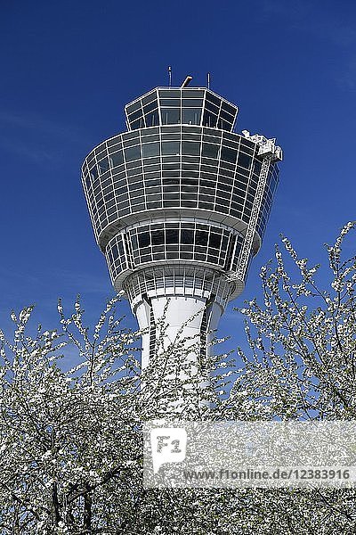 Tower mit blühenden Kirschbäumen Flughafen München Oberbayern Bayern Deutschland Europa