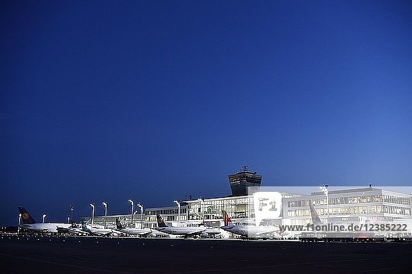 Airlines Line Up Terminal 2 bei Nacht Flughafen München Oberbayern Bayern Deutschland Europa