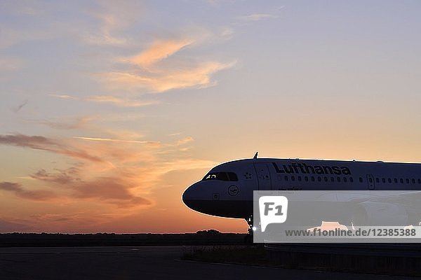 Lufthansa  Airbus  A319-100  beim Rollen von der Startbahn Nord zum Terminal 2  Sonnenuntergang  Flughafen München  Oberbayern  Bayern  Deutschland  Europa
