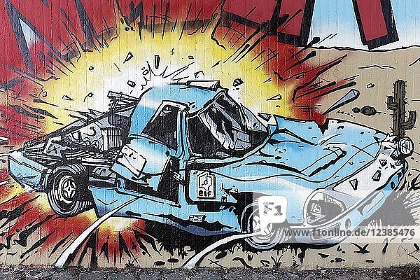 Exploding car  car bomb  crash  comic-style graffiti  street art  Düsseldorf  North Rhine-Westphalia  Germany  Europe