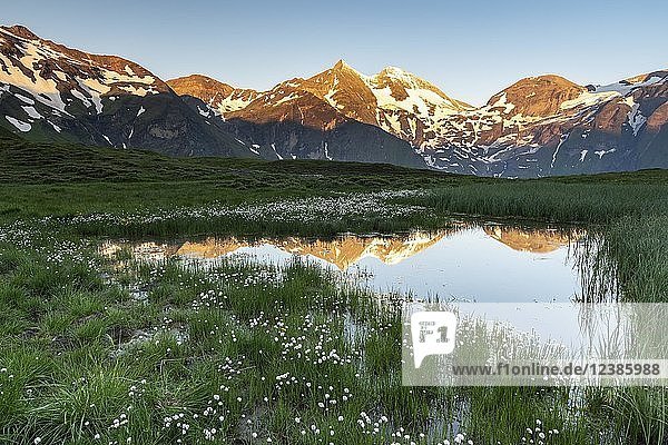 Mountain peaks in the first sunlight are reflected in a pond  Hohe Tauern  Salzburg  Austria  Europe
