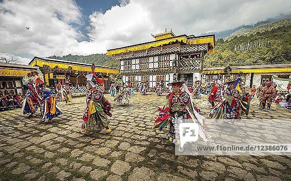 Dancer at Mask Dance  Religious Tsechu Monastery Festival  Gasa Tshechu Festival  Gasa District  Himalaya Region  Kingdom of Bhutan