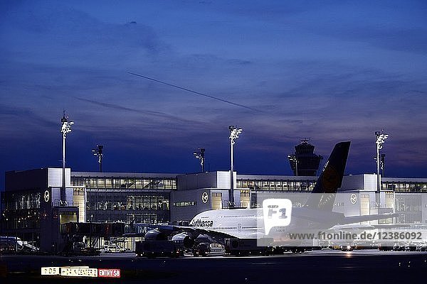 Lufthansa Airbus A380-800 mit Push Back Truck vor Terminal 2 Abenddämmerung Flughafen München Oberbayern Bayern Deutschland Europa