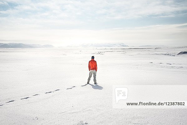 Junger Mann steht allein in verschneiter Landschaft  verschneite Lavafelder in der Nähe des Dettifoss  Norðurland eystra  Island  Europa