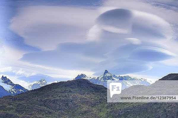 Cloud atmosphere over the Los Cuernos massif  Torres del Paine National Park  Última Esperanza Province  Chile  South America