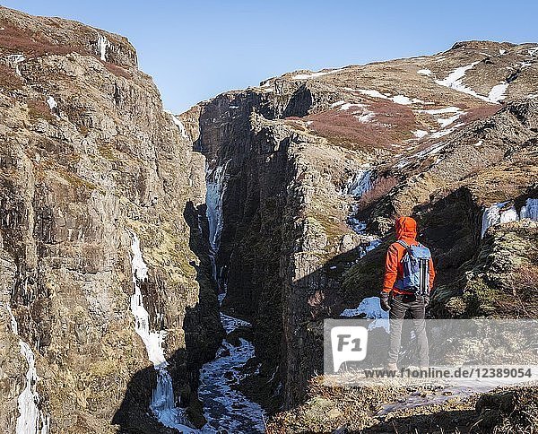 Mann in orangefarbener Jacke steht an der Schlucht des Glymur-Wasserfalls  Hvalfjarðarsveit  Vesturland  Island  Europa