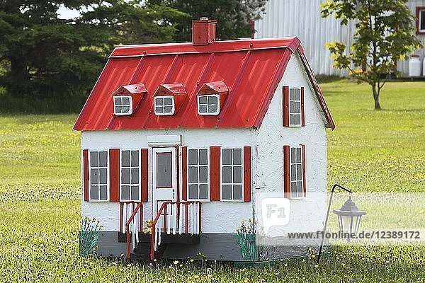Weiße Miniaturnachbildung einer alten kanadischen Hausfassade im Landhausstil in einem Feld mit gelben Löwenzahnblüten im späten Frühling  Saint-Jean  Ile d'Orleans  Quebec  Kanada  Nordamerika