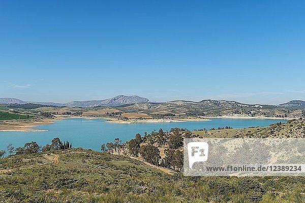 Embalse del Conde de Guadalhorce reservoir  turquoise lake in a dry landscape  dammed up River Guadalhorce  Andalusia  Spain  Europe