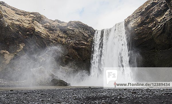 Wanderer mit roter Jacke vor einem hohen Wasserfall Skogafoss  Skogar  Südisland  Island  Europa