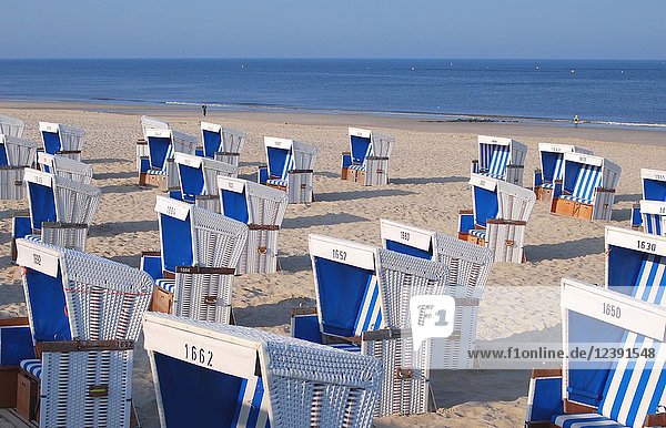 Roofed wicker beach chairs  Westerland  Sylt  Schleswig-Holstein  Germany  Europe