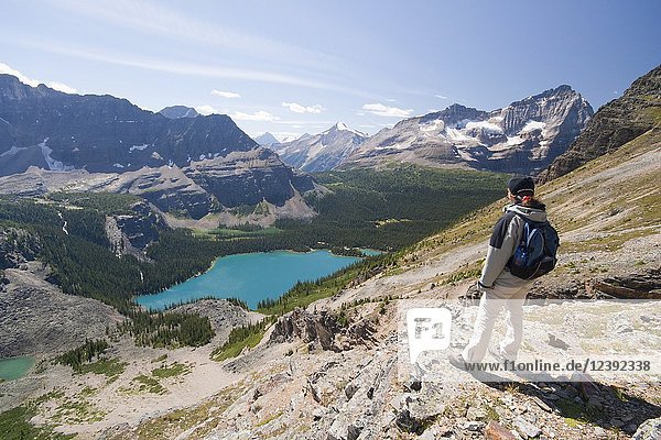 Woman looking from high lookout at mountain scenery with lake O'Hara in the valley Yoho National Park British Columbia Canada..
