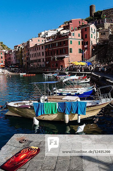 Fishing boats in harbour  Vernazza  Italian Riviera  Liguria  Italy.